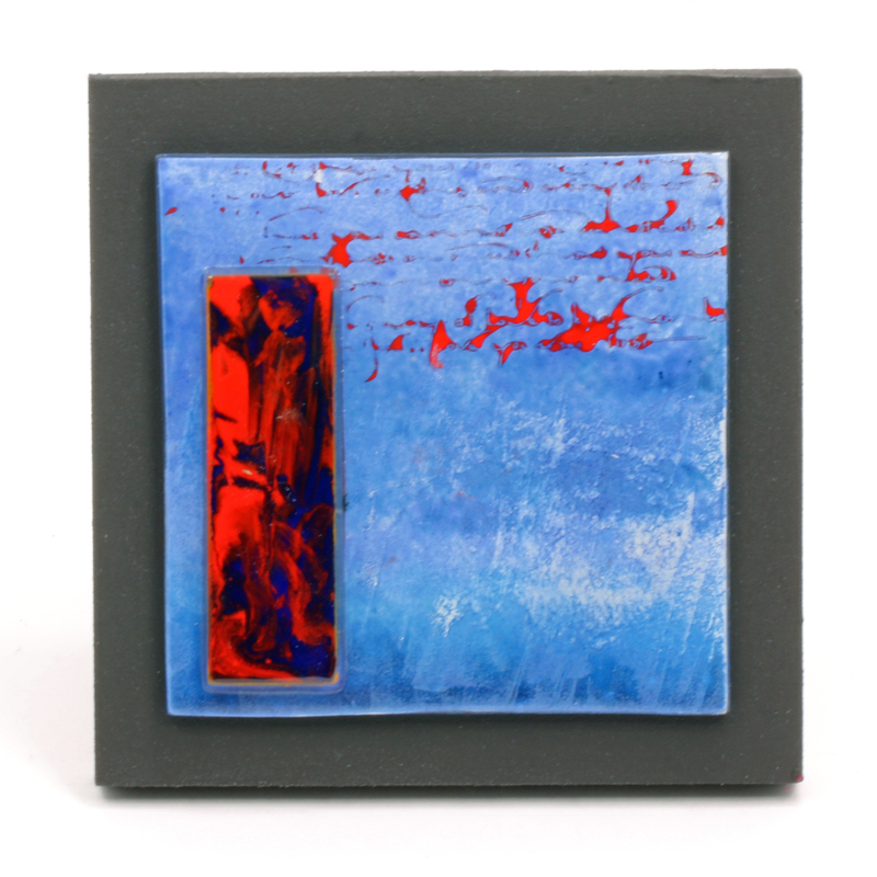 Réflexion sur la dévastation. 10 cm x 10 cm fused glass panel Mounted on 12.5 cm x 12.5 cm black MDF. CAD 90